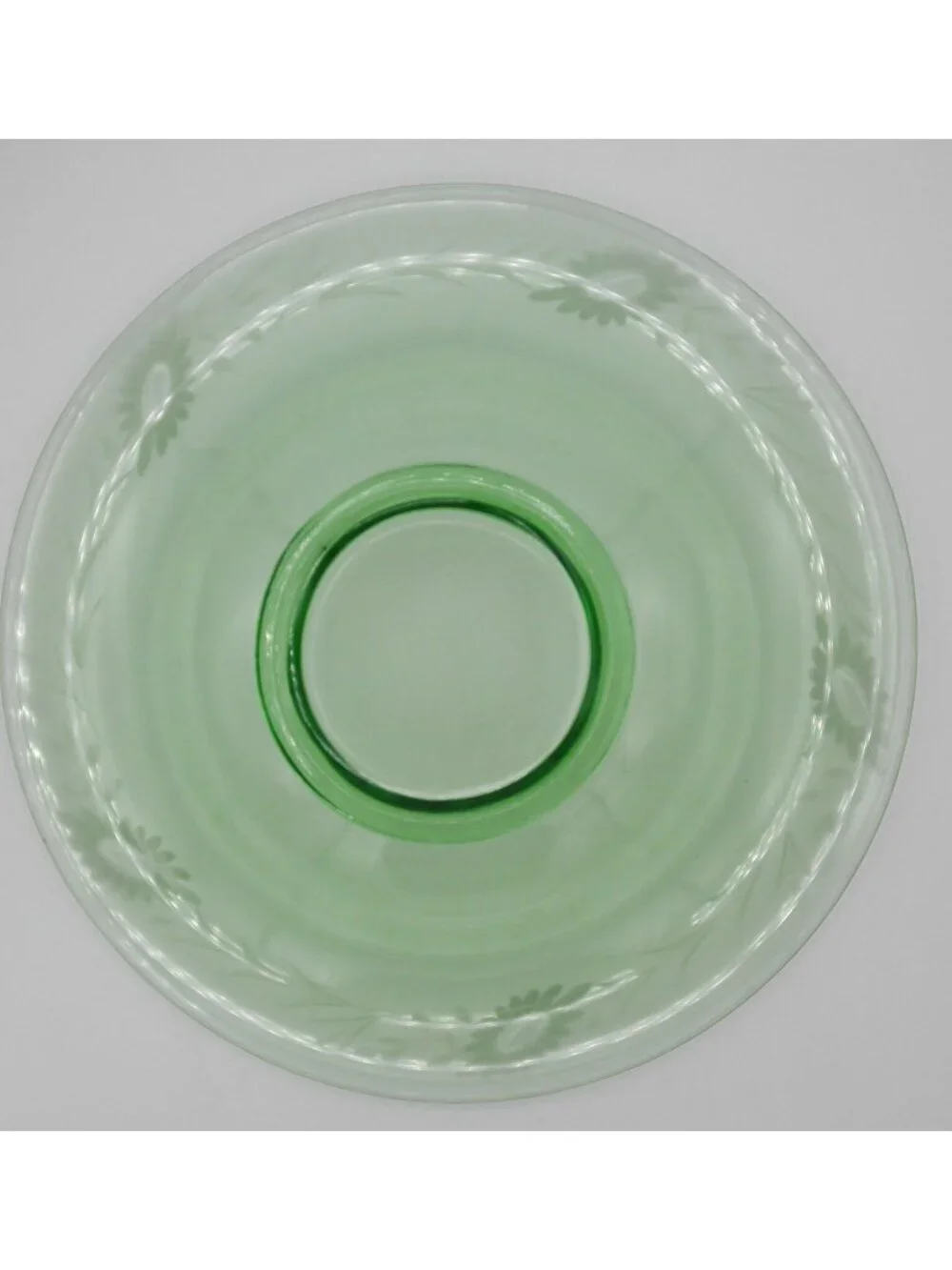 Etched Green Depression Glass Rolled Edge Console Bowl 2 Matching Candle Holders